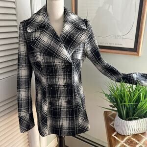 Moda International Pea Coat Womens Small Plaid Wool Blend Preppy Outdoor Classic
